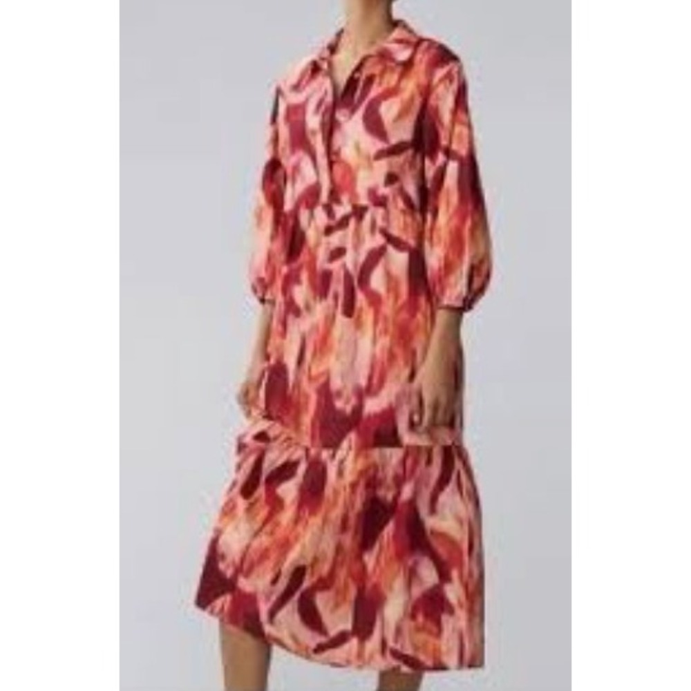 Anthropologie Maeve Bettina Tiered Midi blouson Dress sz L orange Q